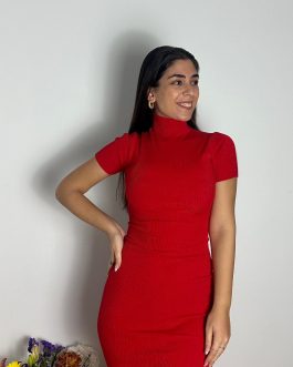 Vestido Canalé Cuello Rojo